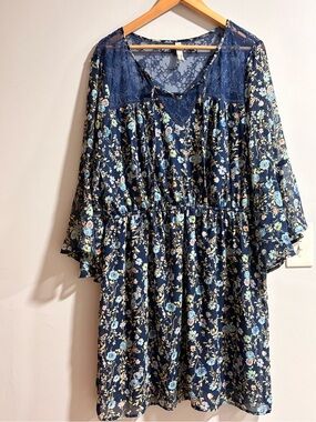 Perseption Navy Floral Lace-Trim Midi Dress